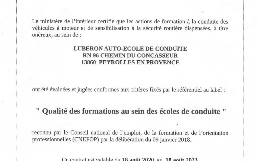 LEC LUBERON reçoit le label “Qualité des formations au sein des écoles de conduite”