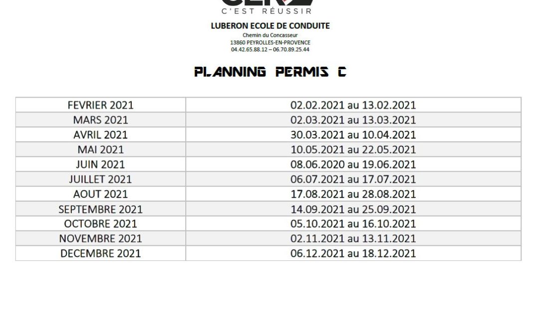 Planning  Permis C – 2021