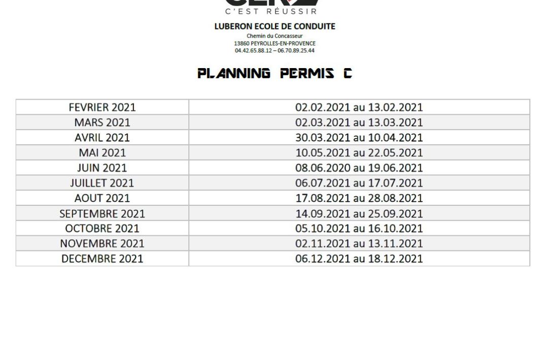 Planning  Permis C – 2021