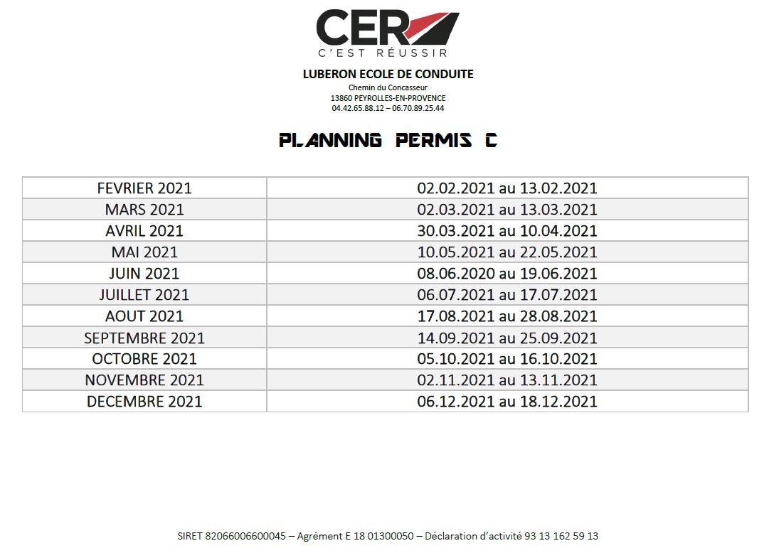 Planning  Permis C 2021 - LEC LUBERON