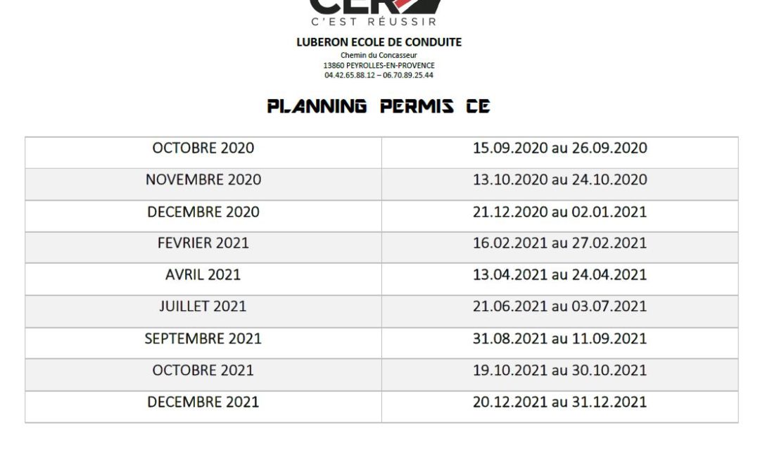 Planning  Permis CE – 2021