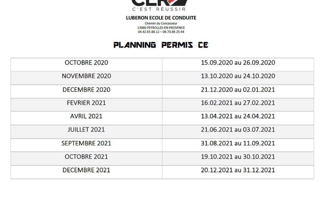 Planning  Permis CE – 2021