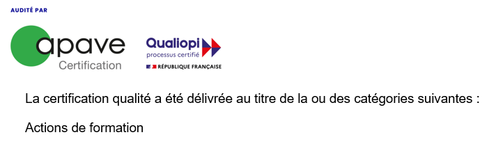 APAVE Certification - Qualiopi processus certifié La certification qualité a été délivrée au titre de la catégorie d’action suivante : ACTIONS DE FORMATION