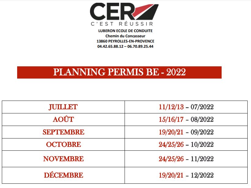 Formation au Permis BE, planning de juil. à déc. 2022 - CER LUBERON Peyrolles en Provence 13 PACA