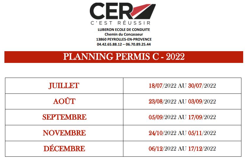 Formation au Permis C, planning de juil. à déc. 2022 - CER LUBERON Peyrolles en Provence 13 PACA