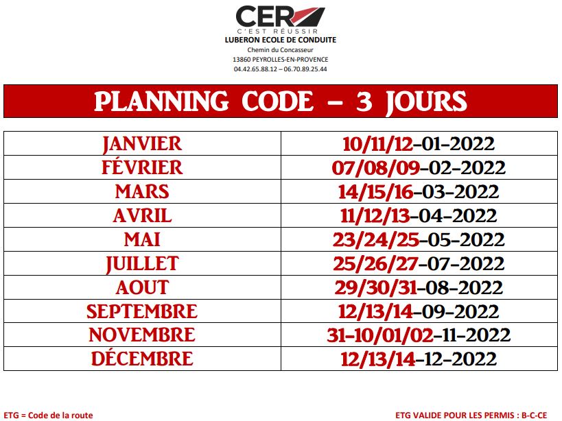Formation Code Accélérée, planning 2022 - LEC LUBERON Peyrolles en Provence 13 PACA