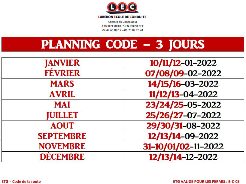 Planning code accéléré (ETG) – 2022