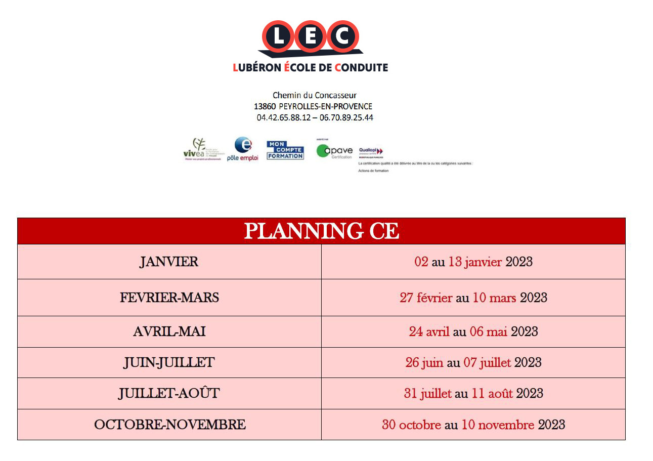 Formation au Permis CE, Planning de formation 2023 - LEC LUBERON