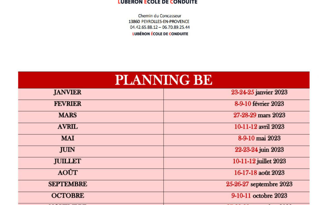 Planning Permis BE – 2023