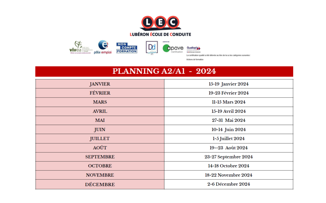 Planning Permis A2/A1 – 2024