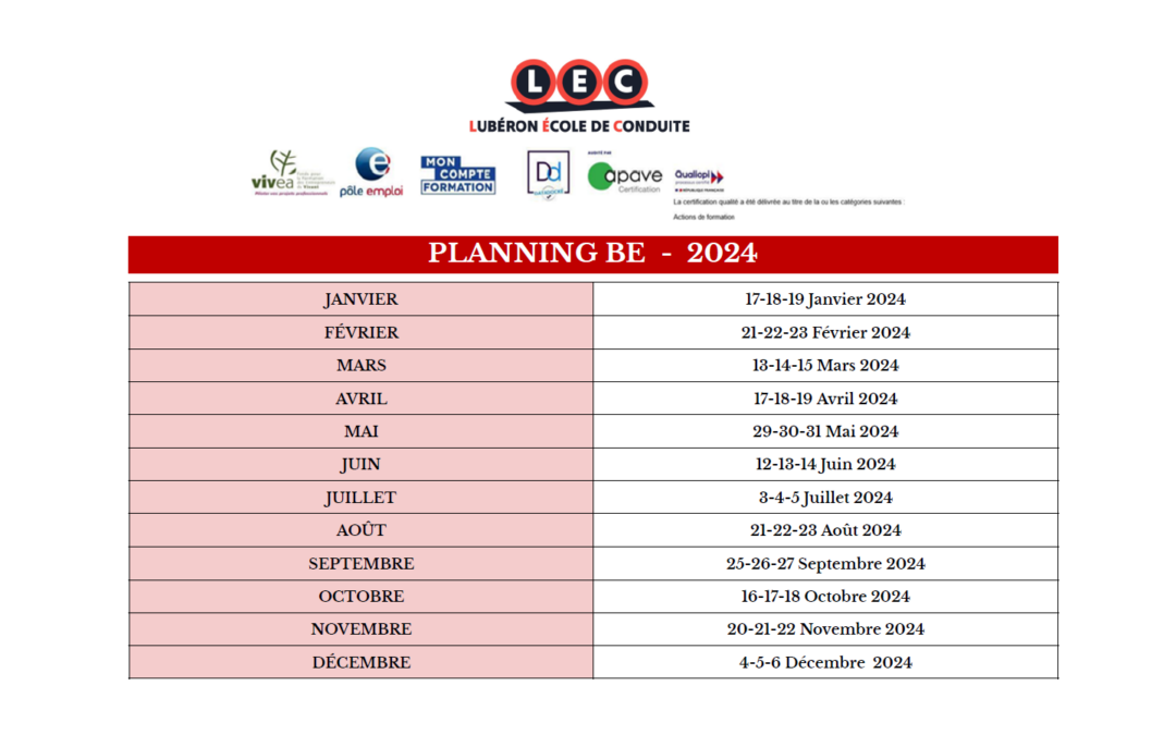 Planning Permis BE – 2024