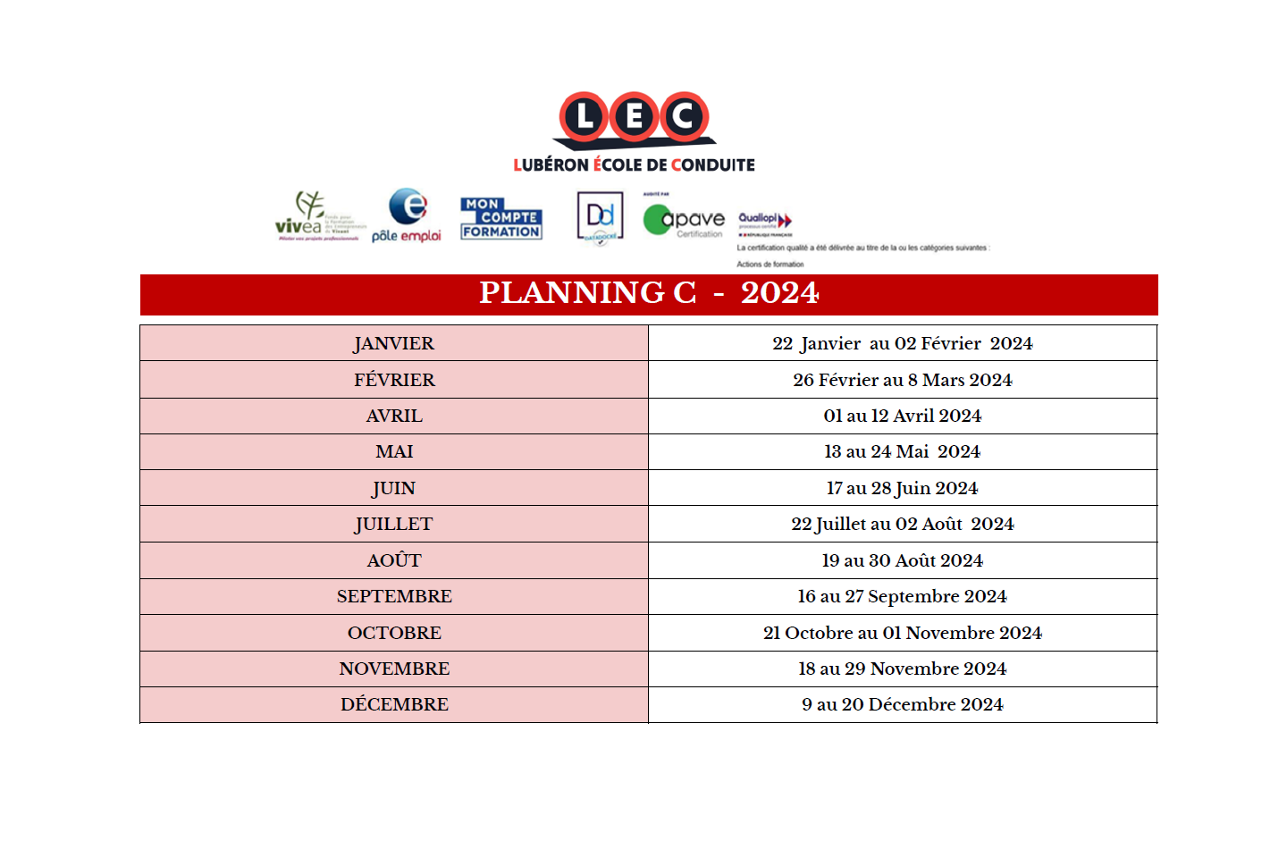 Planning C 2024 - LEC Lubéron École de Conduite
