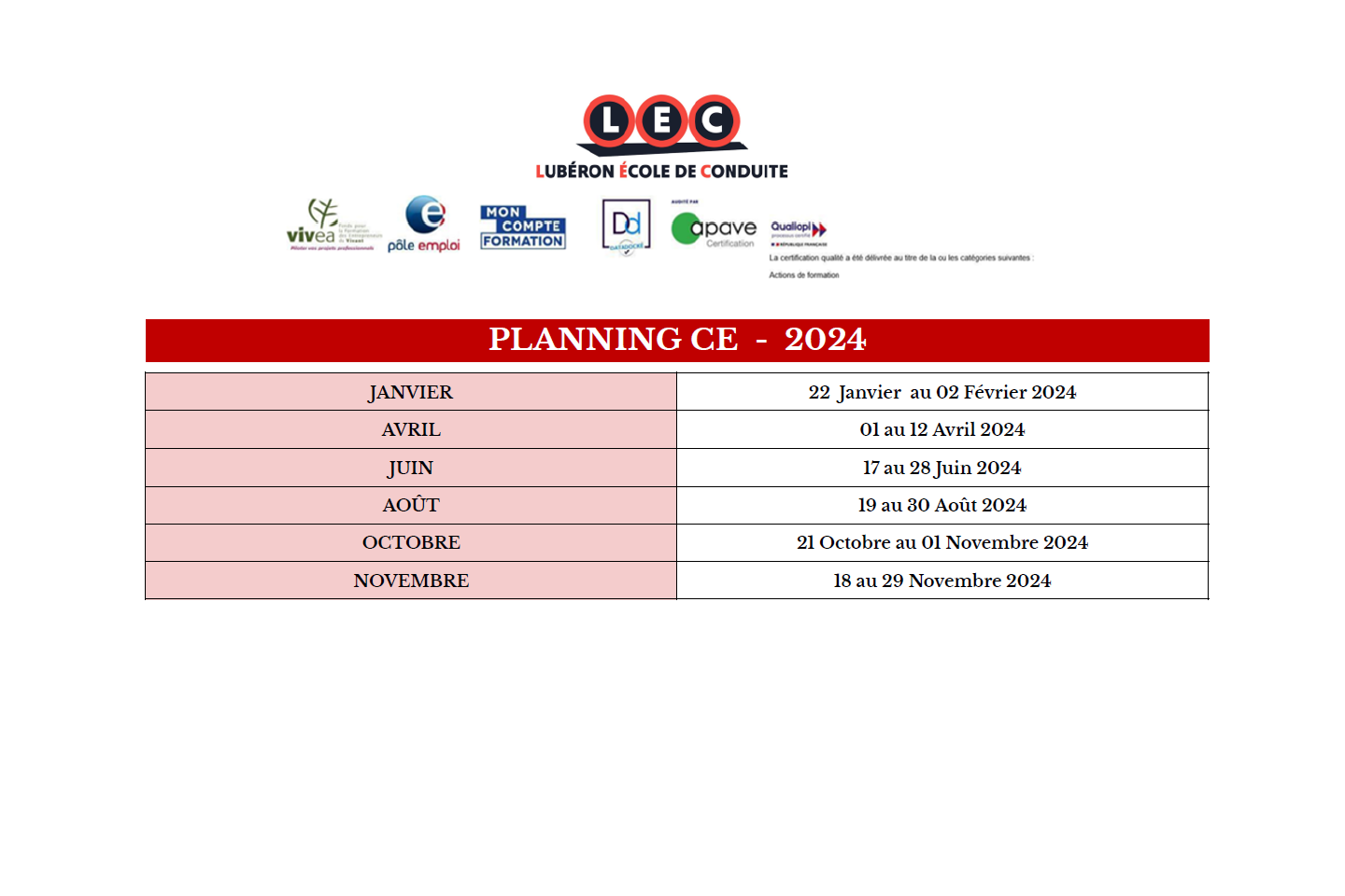 Planning CE - 2024 - LEC Lubéron École de Conduite