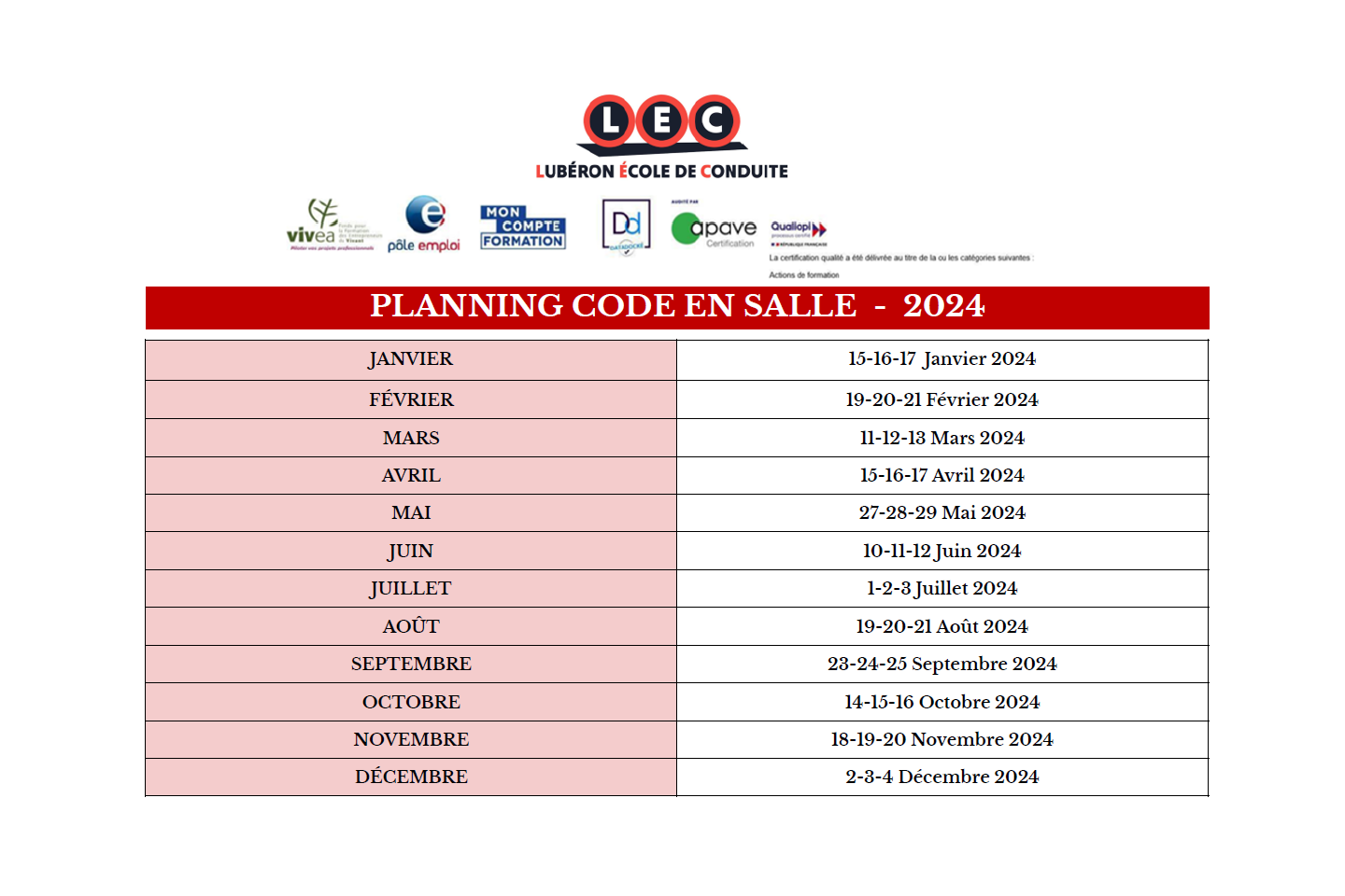 Planning Code en Salle 2024 - LEC Lubéron École de Conduite