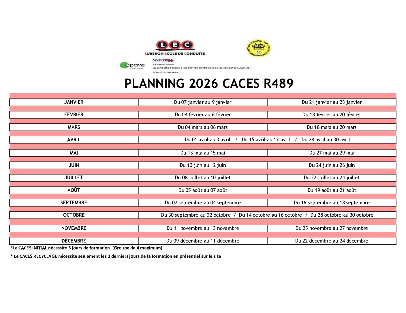 PLANNING 2026 - CACES R489