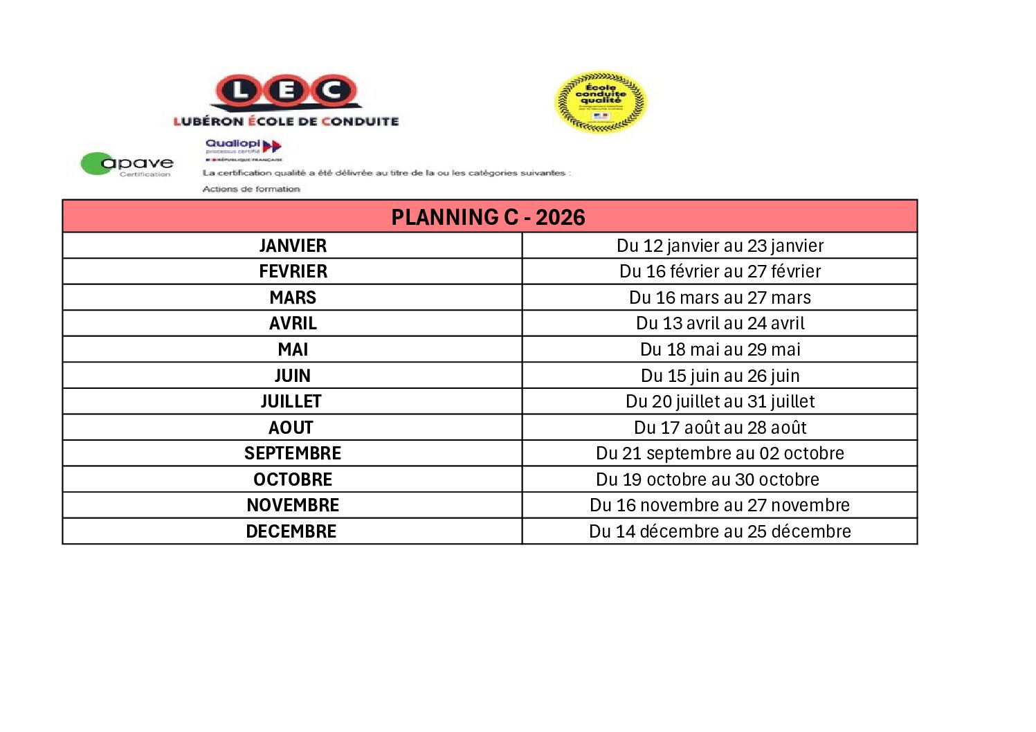 PLANNING C - 2026 Planning C 2024 - LEC Lubéron École de Conduite