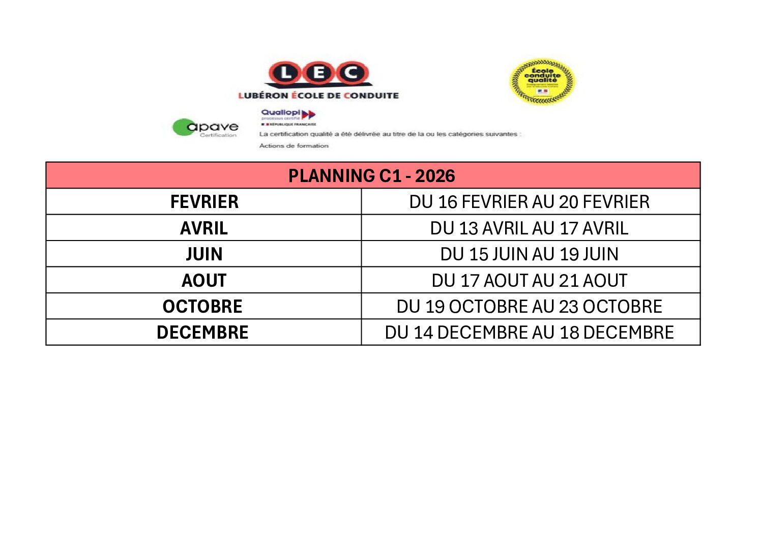 PLANNING C1 - 2026 Planning C 2024 - LEC Lubéron École de Conduite