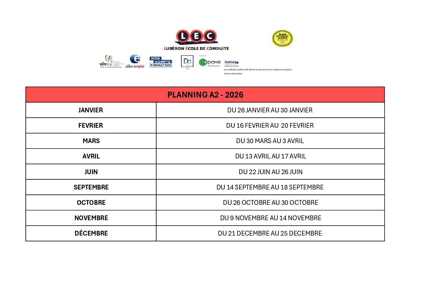 PLANNING A22026 Planning A2 / A1 2024 - LEC Lubéron École de Conduite