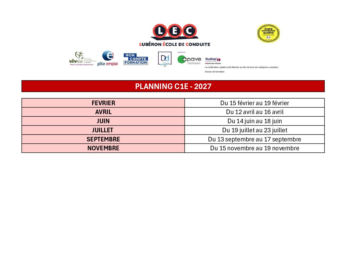 PLANNING 2027 C1E Planning C 2024 - LEC Lubéron École de Conduite